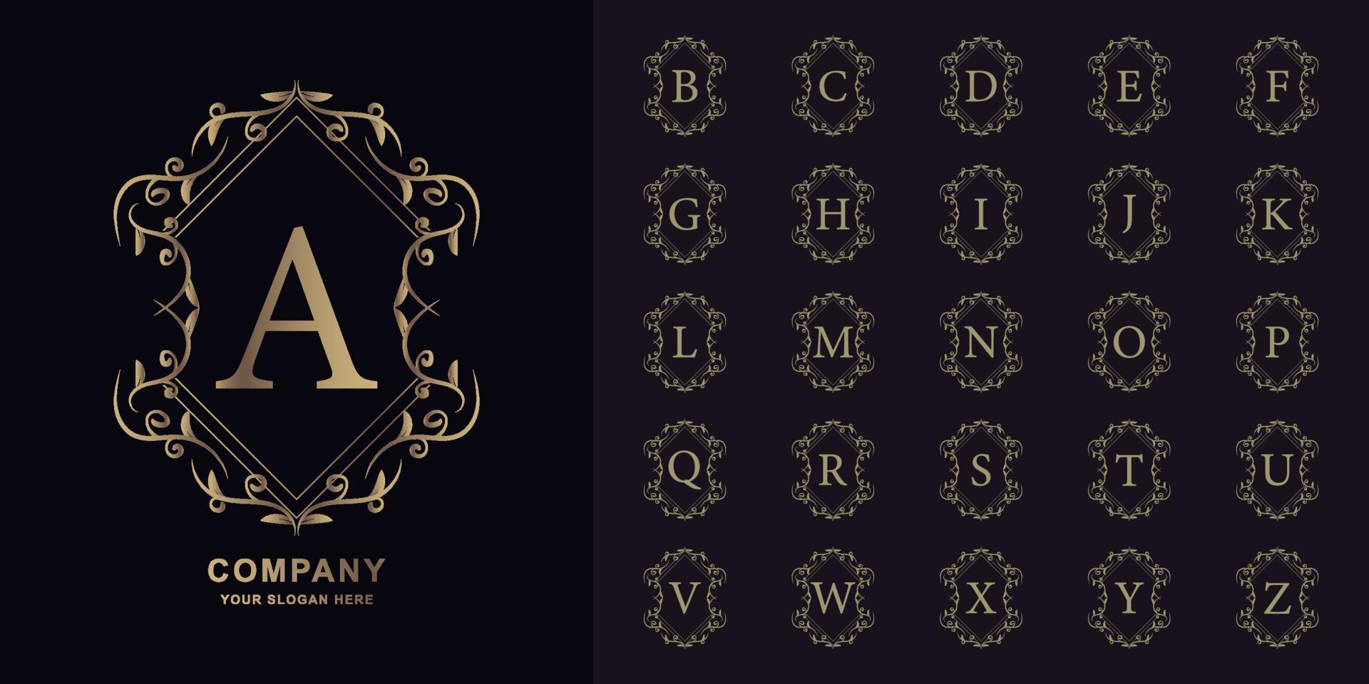 Letter A or collection initial alphabet with luxury ornament floral frame golden logo template. vector