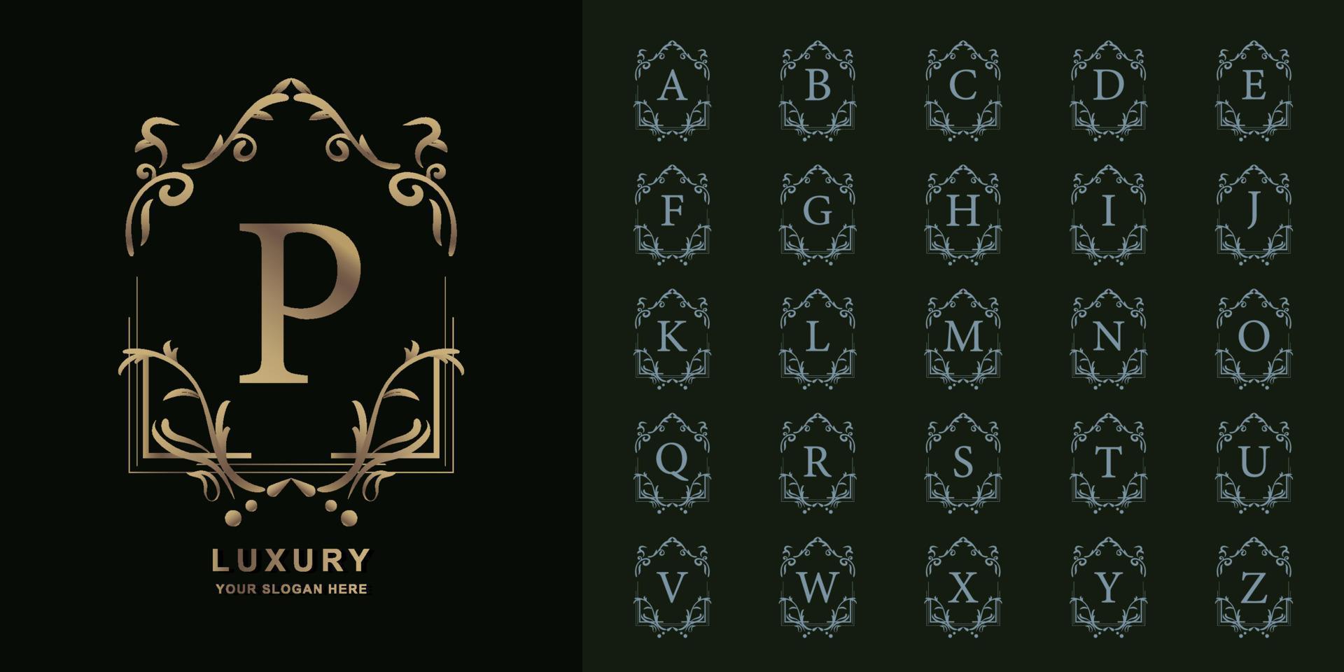 Letter P or collection initial alphabet with luxury ornament floral frame golden logo template. vector