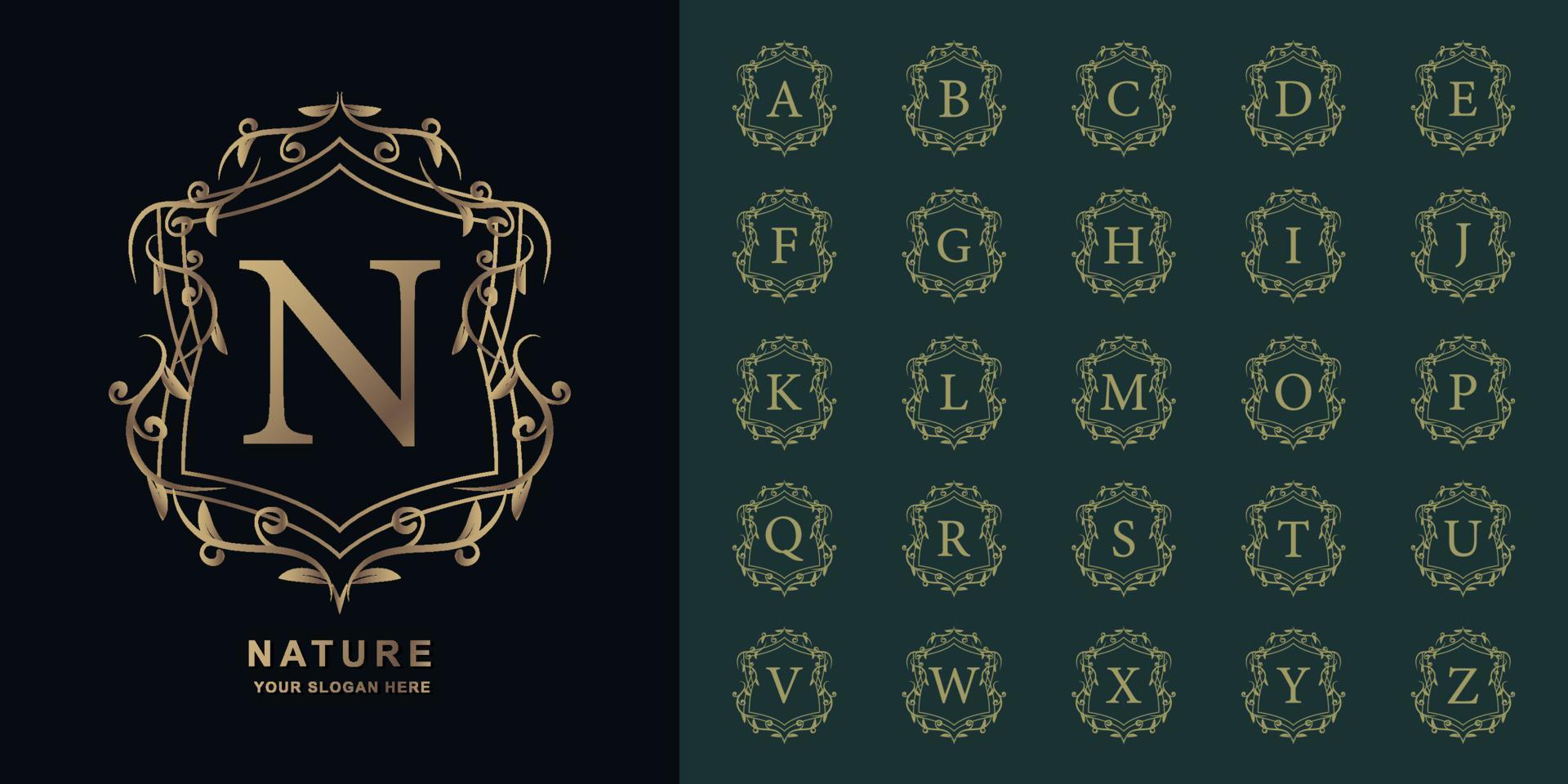 Letter N or collection initial alphabet with luxury ornament floral frame golden logo template. vector