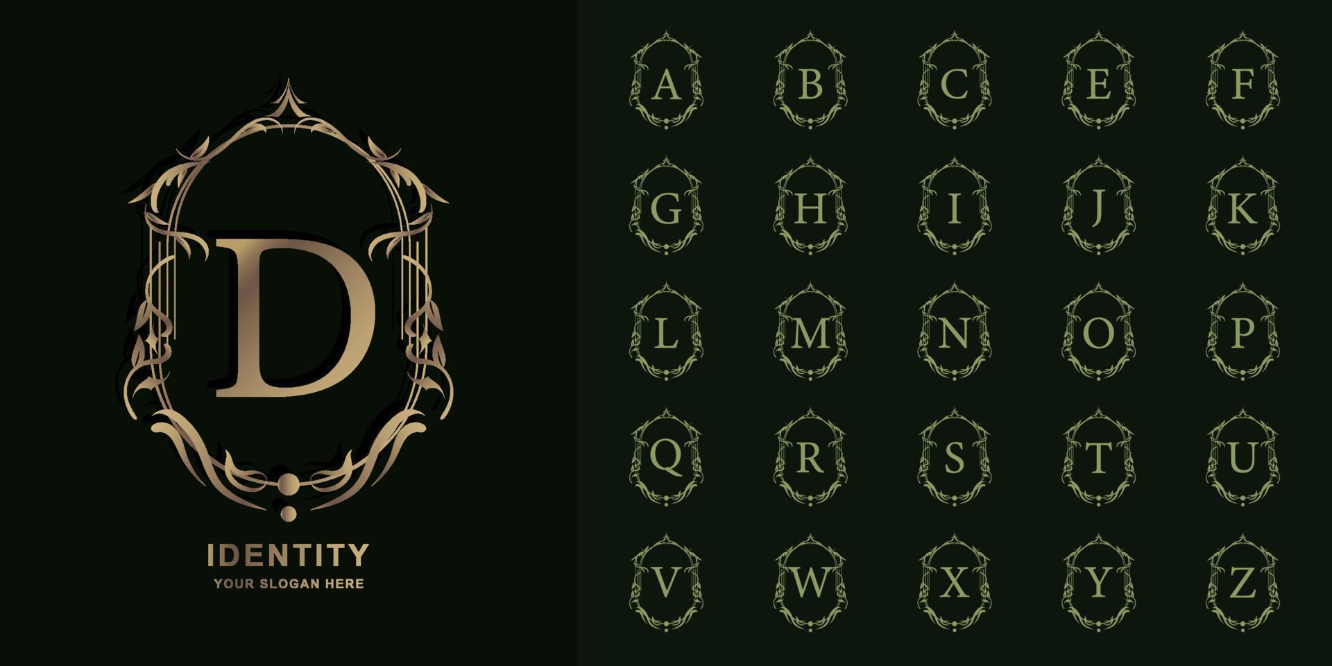 Letter D or collection initial alphabet with luxury ornament floral frame golden logo template. vector