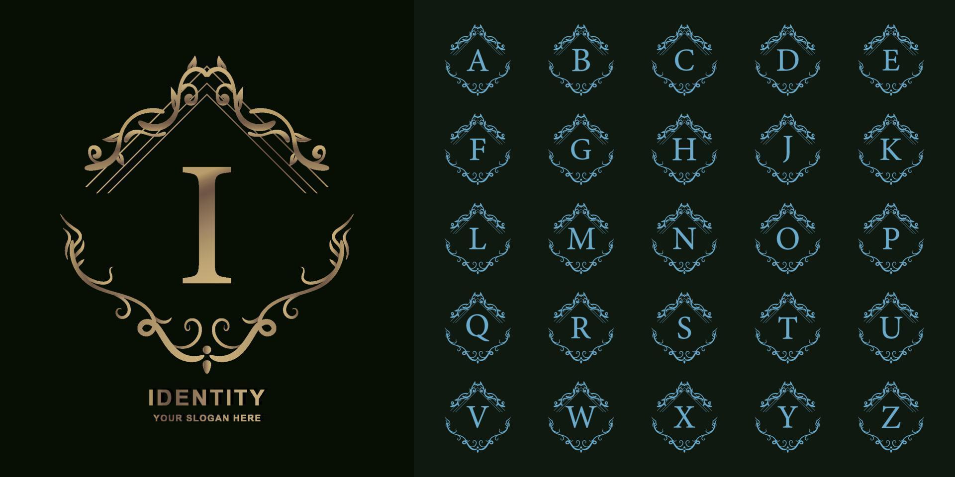 Letter I or collection initial alphabet with luxury ornament floral frame golden logo template. vector