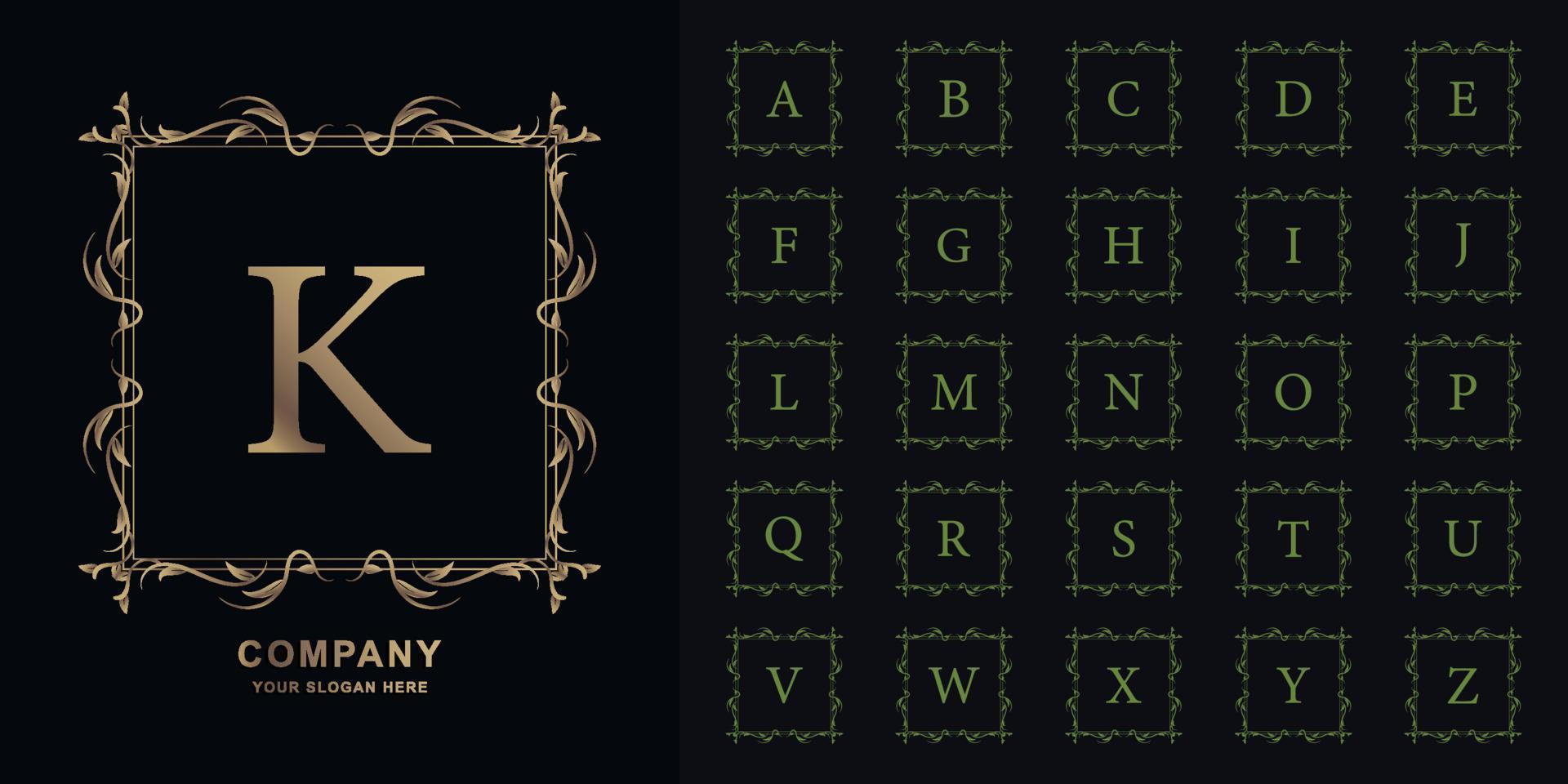 Letter K or collection initial alphabet with luxury ornament floral frame golden logo template. vector