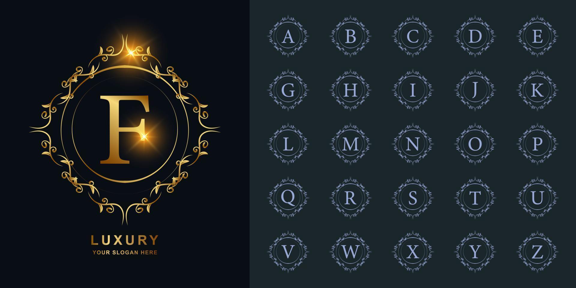 Letter F or collection initial alphabet with luxury ornament floral frame golden logo template. vector