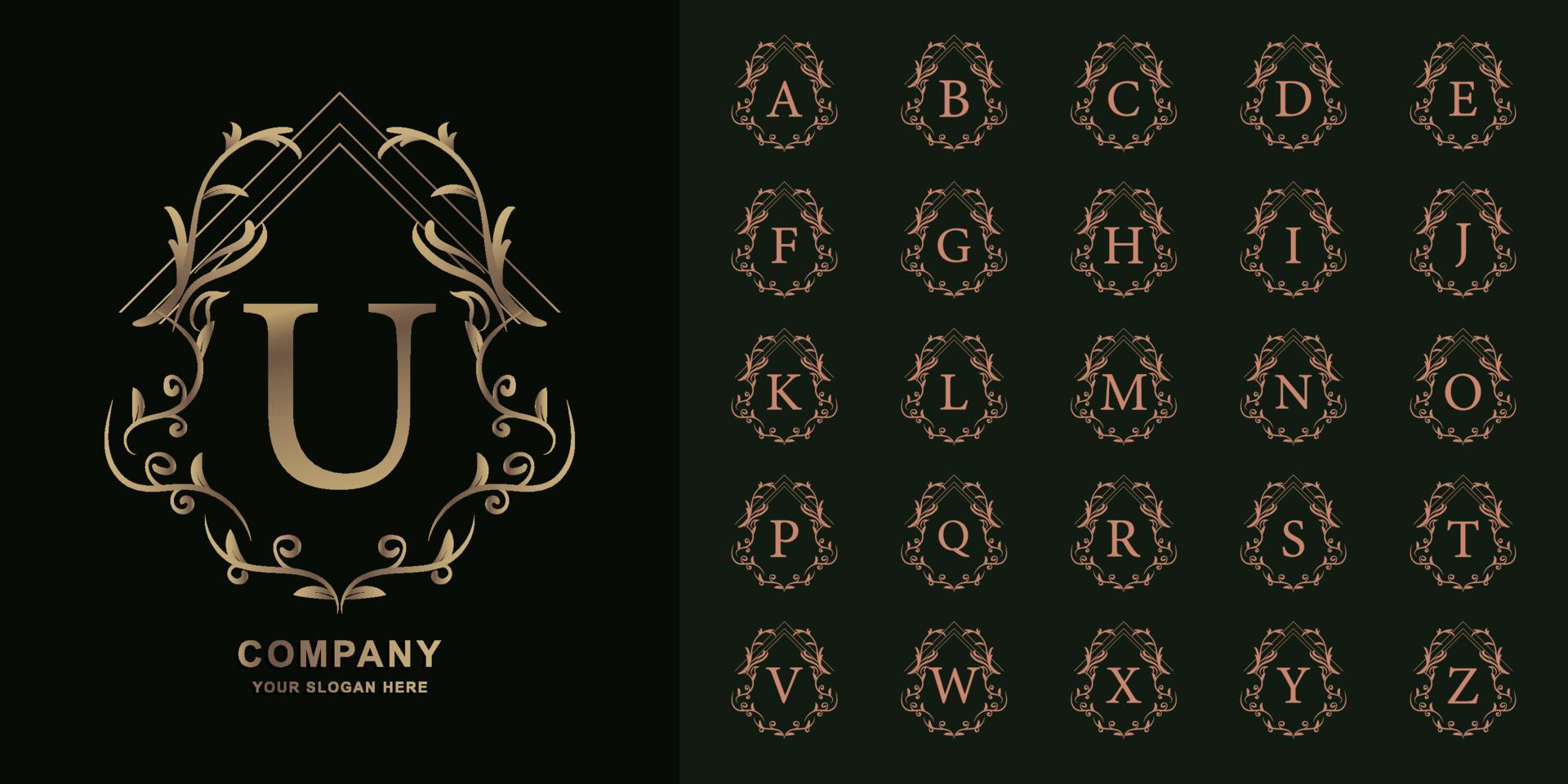 Letter U or collection initial alphabet with luxury ornament floral frame golden logo template. vector