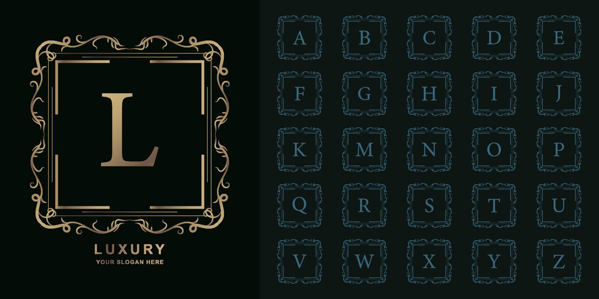 letra l o alfabeto inicial de colección con plantilla de logotipo dorado de marco floral de adorno de lujo. vector