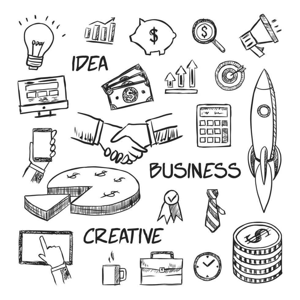 Business icon set doodles hand drawn vector illustration