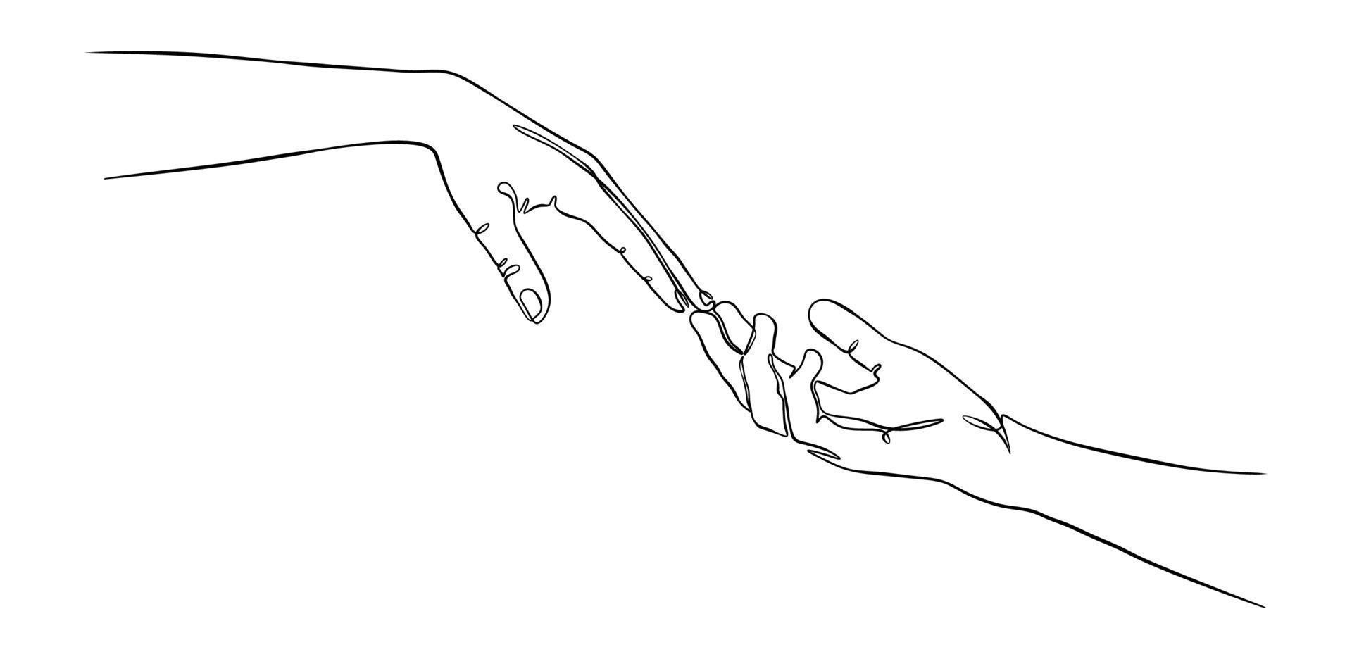 two hands reaching out one line vector illustration