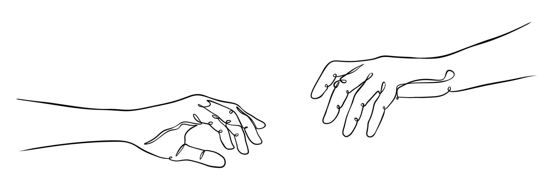 two hands reaching out one line vector illustration