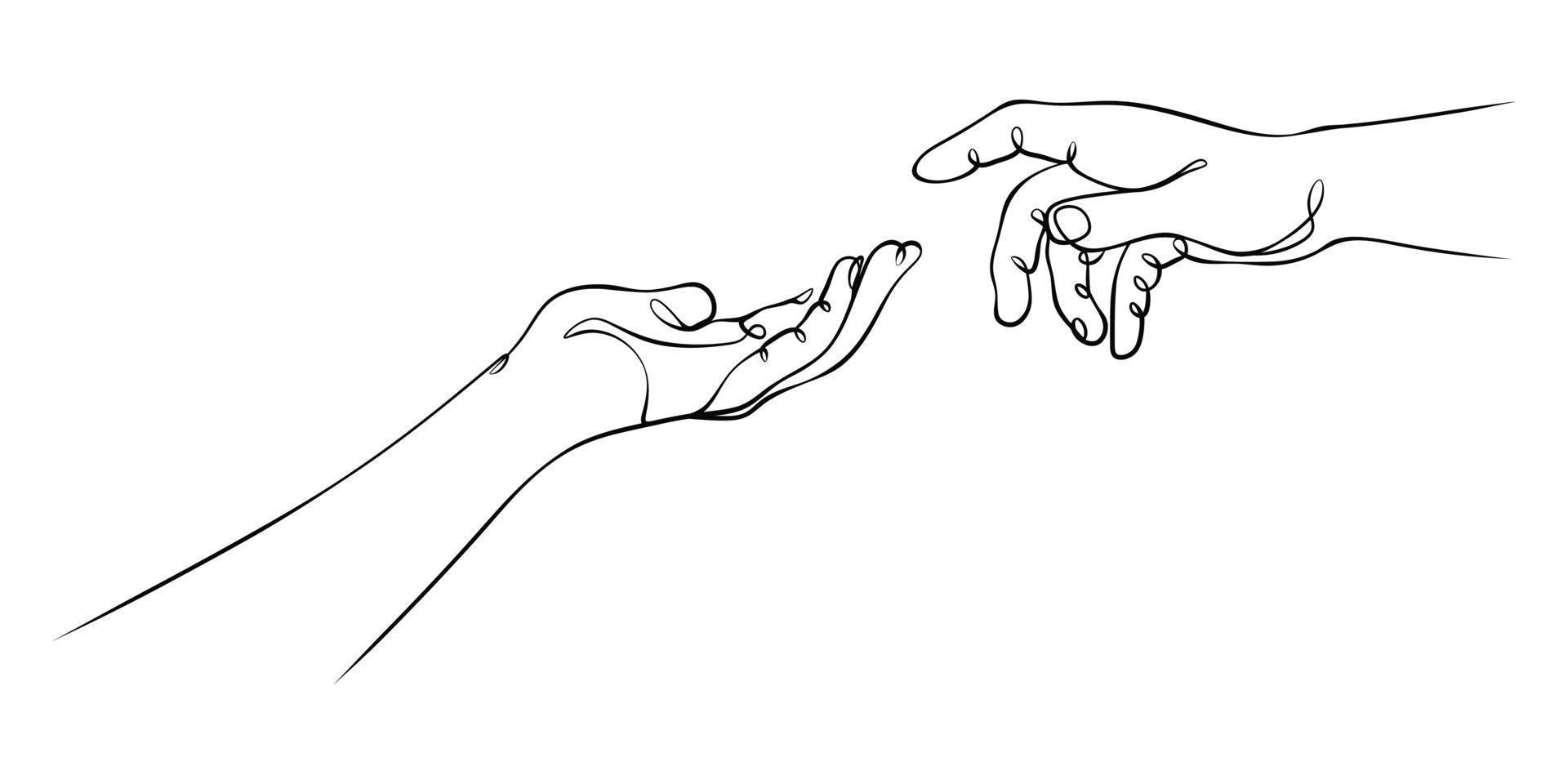 two hands reaching out one line vector illustration