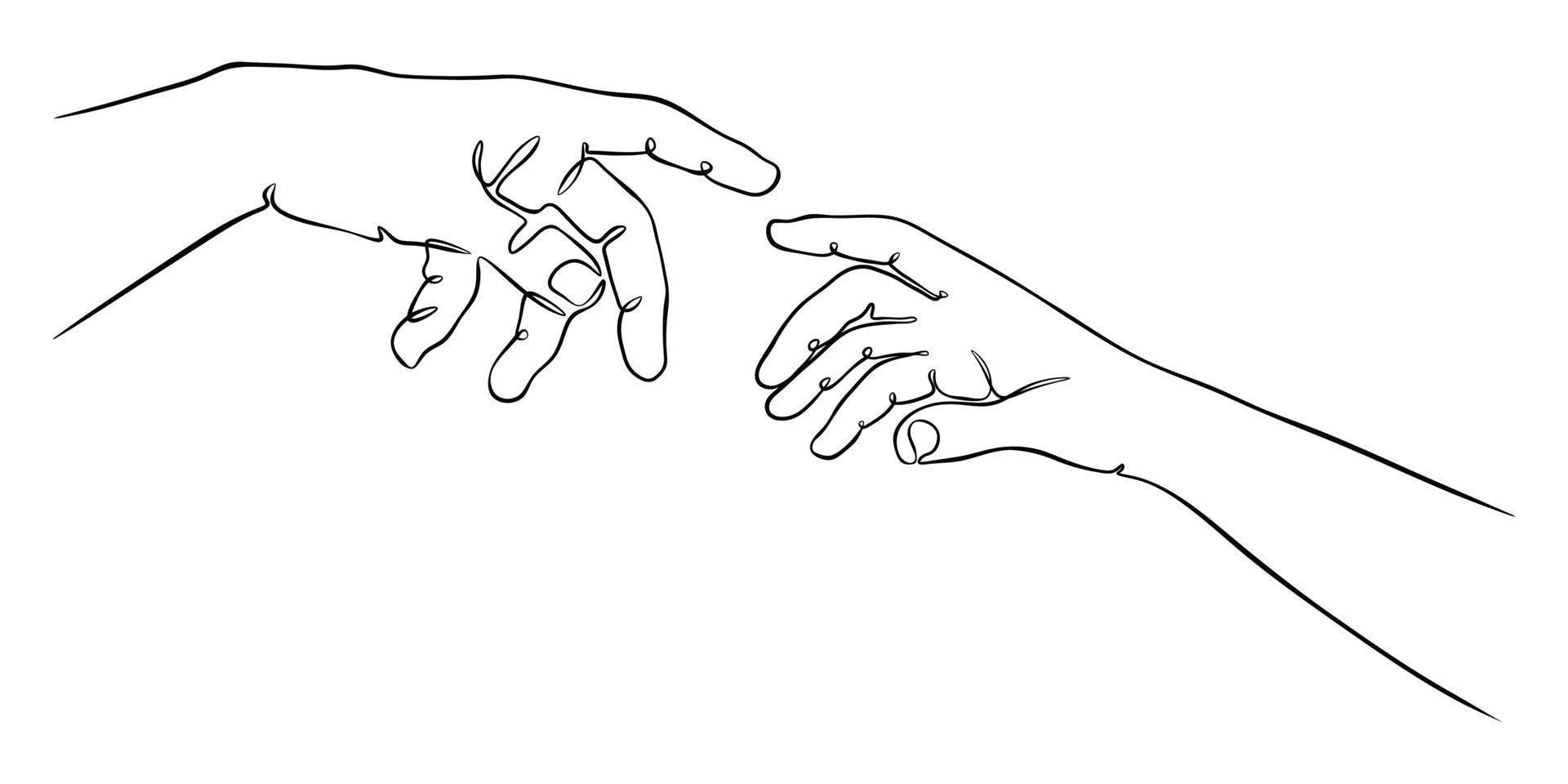 two hands reaching out one line vector illustration