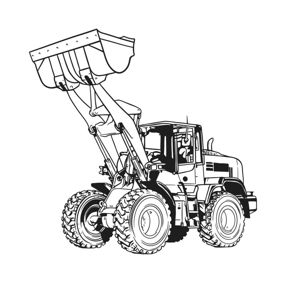 Big yellow Excavator at work black and white vector clip art