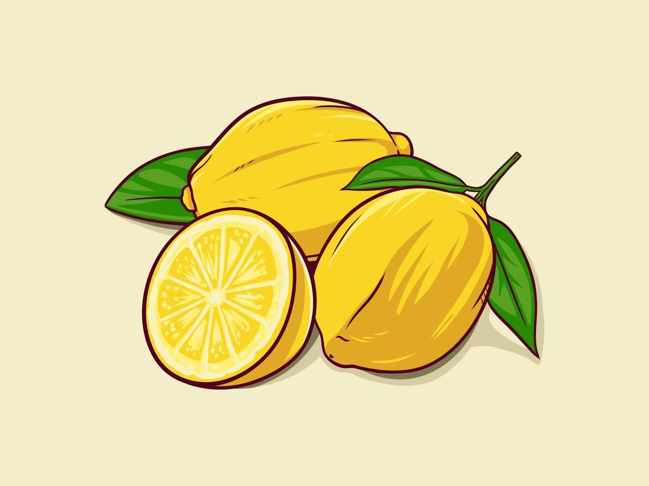 Hand drawn lemon with green leaf whole and sliced, sour fresh fruit, bright yellow peel, lemons vector illustration isolated on white background