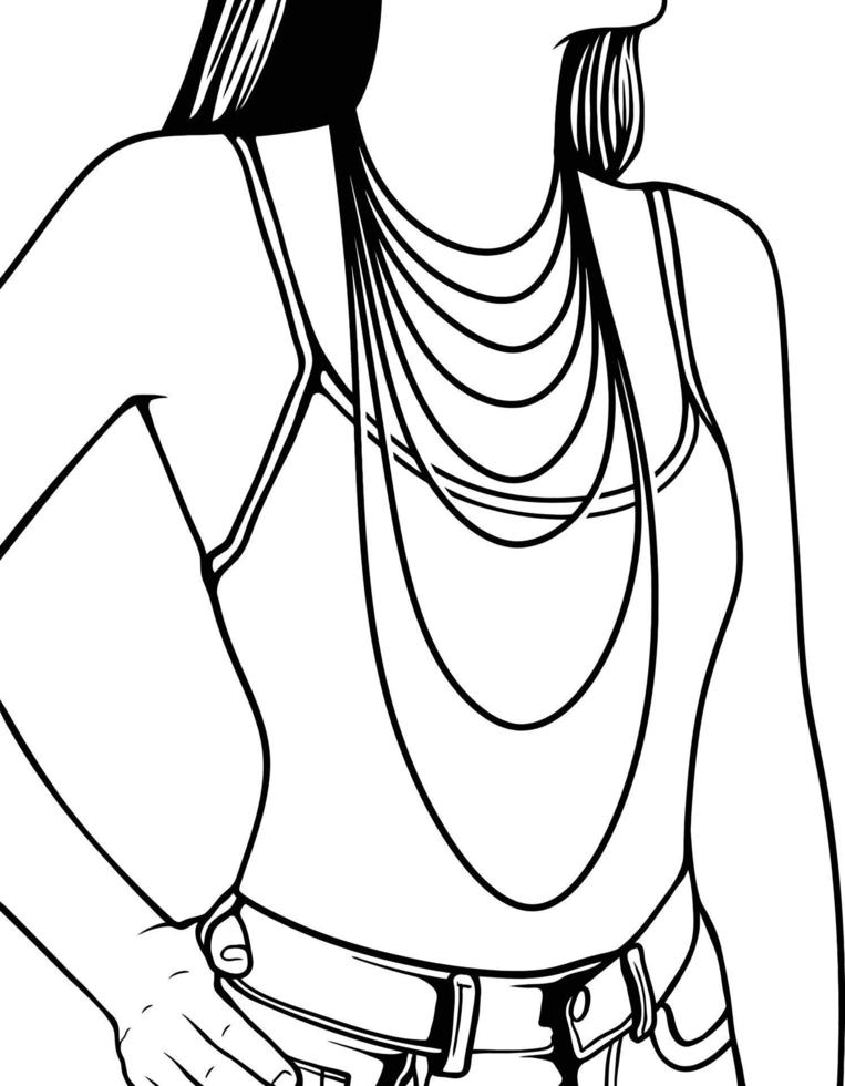 Tabla de tallas de collar con silueta de mujer. demostración de collares largos. vector