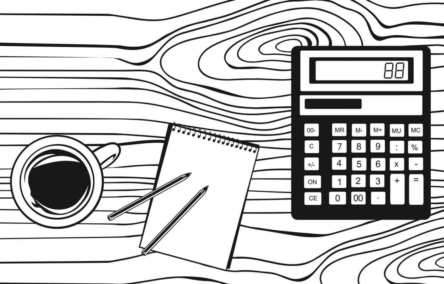 work desk with a calculator, coffee, pencils, and notebook vector