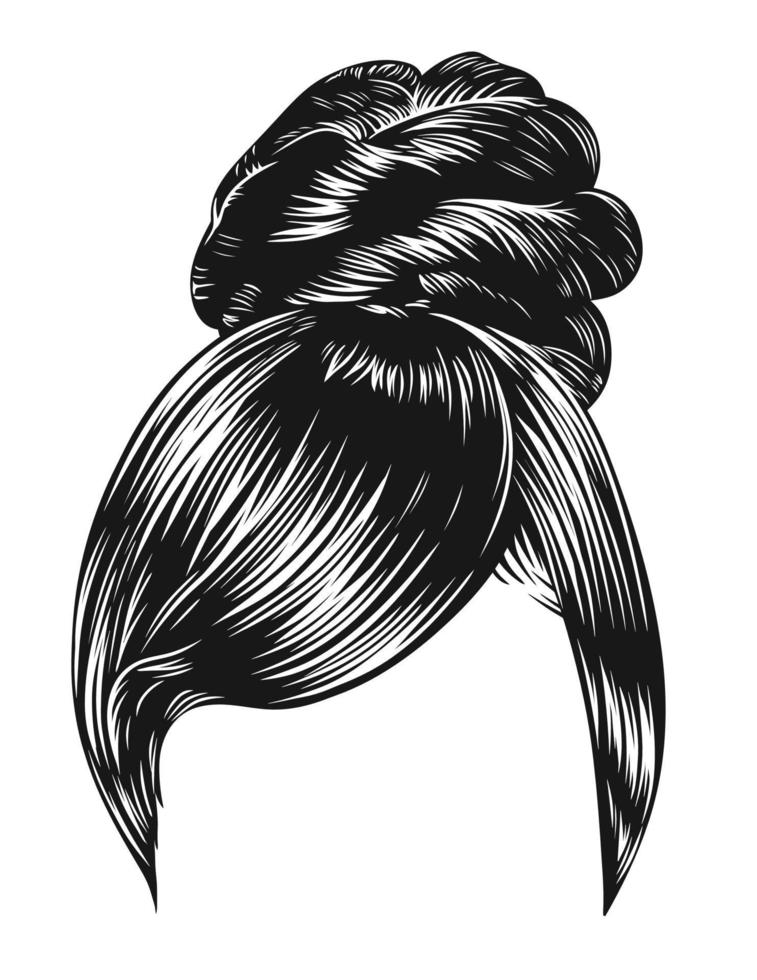 Beautiful woman hair bun, black and white vector illustration