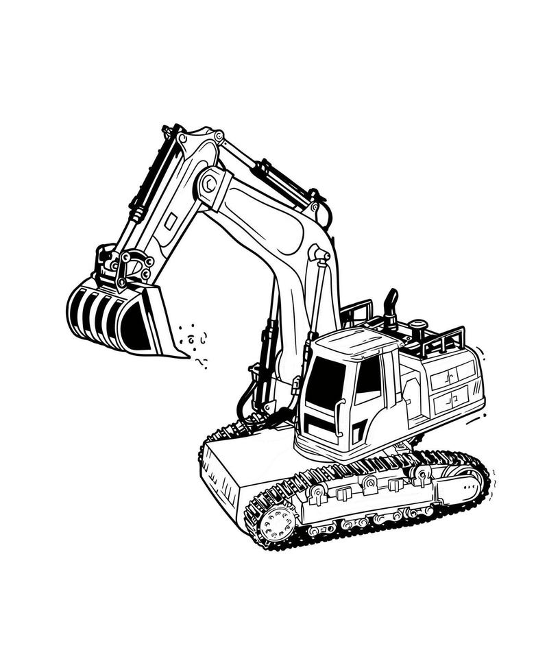 Black and white hand-drawn excavator vector drawing illustration
