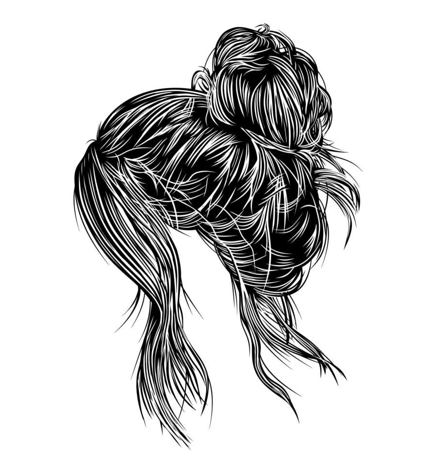 Messy bun hairstyles, hand-drawn vector line art illustration.