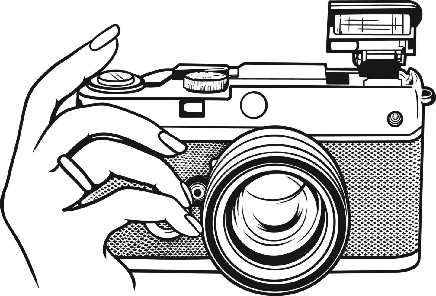 Hand holding digital camera black and white vector logo