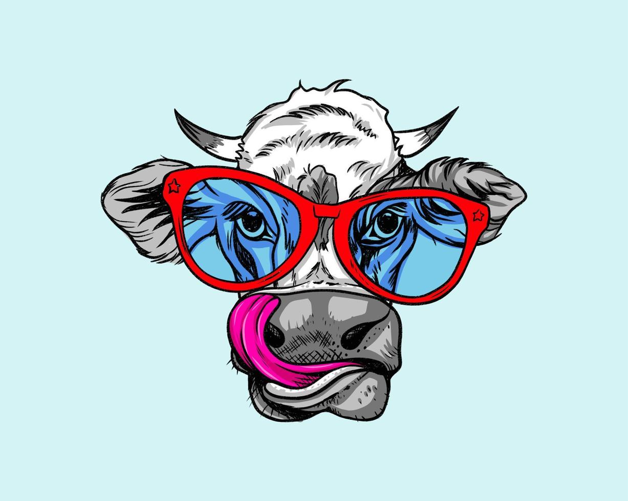 linda vaca dibujada a mano con gafas rojas. tarjeta de humor, composición de camisetas, ilustración vectorial. vector