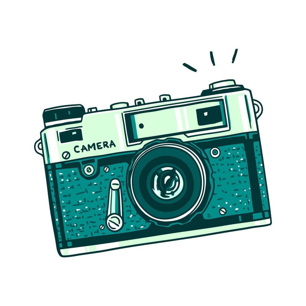 Retro hand drawn hipster photo camera isolated on white background. Vintage vector illustration for design, print for t-shirt, poster, card. Smile.