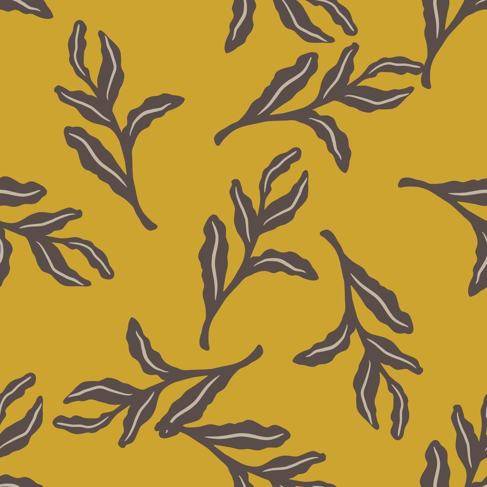 Seamless random pattern with pale purple tropic creative leaf branches ornament. Orange ocher background. vector