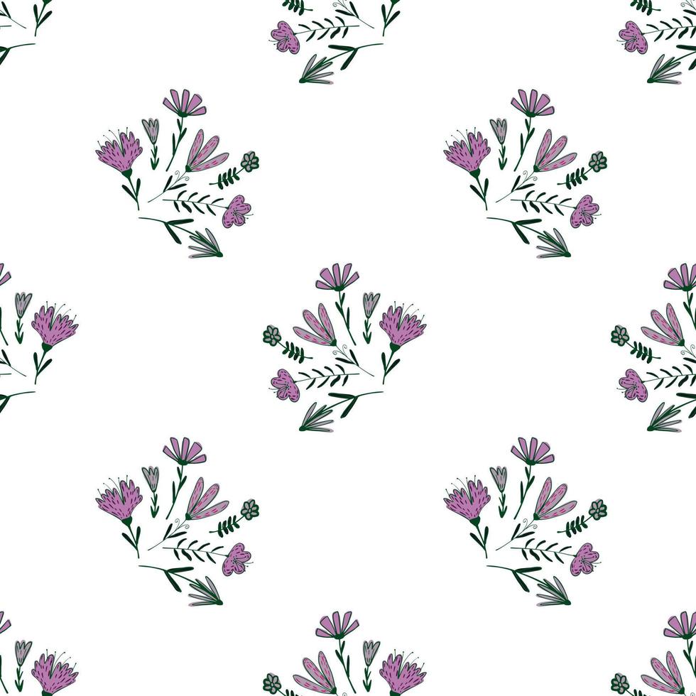 Isolated seamless pattern with pink outline flower elements. White background. Simple design. vector