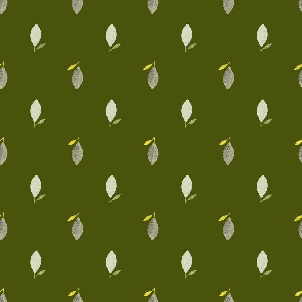 Seamless pastel pattern with little lemon doodle silhouettes on olive green background. Food healthy backdrop. vector