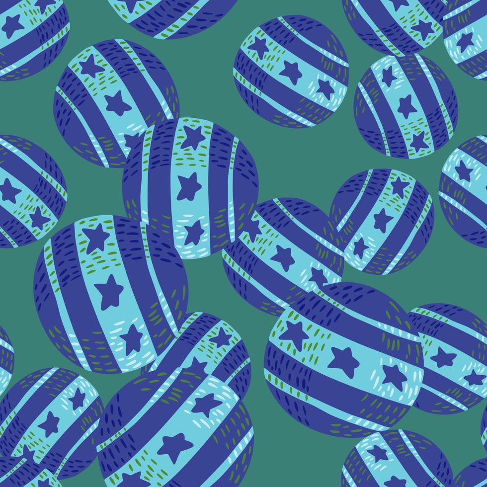 Random seamless pattern with navy blue colored circus ball silhouettes. Turquoise background. Hand drawn print. vector