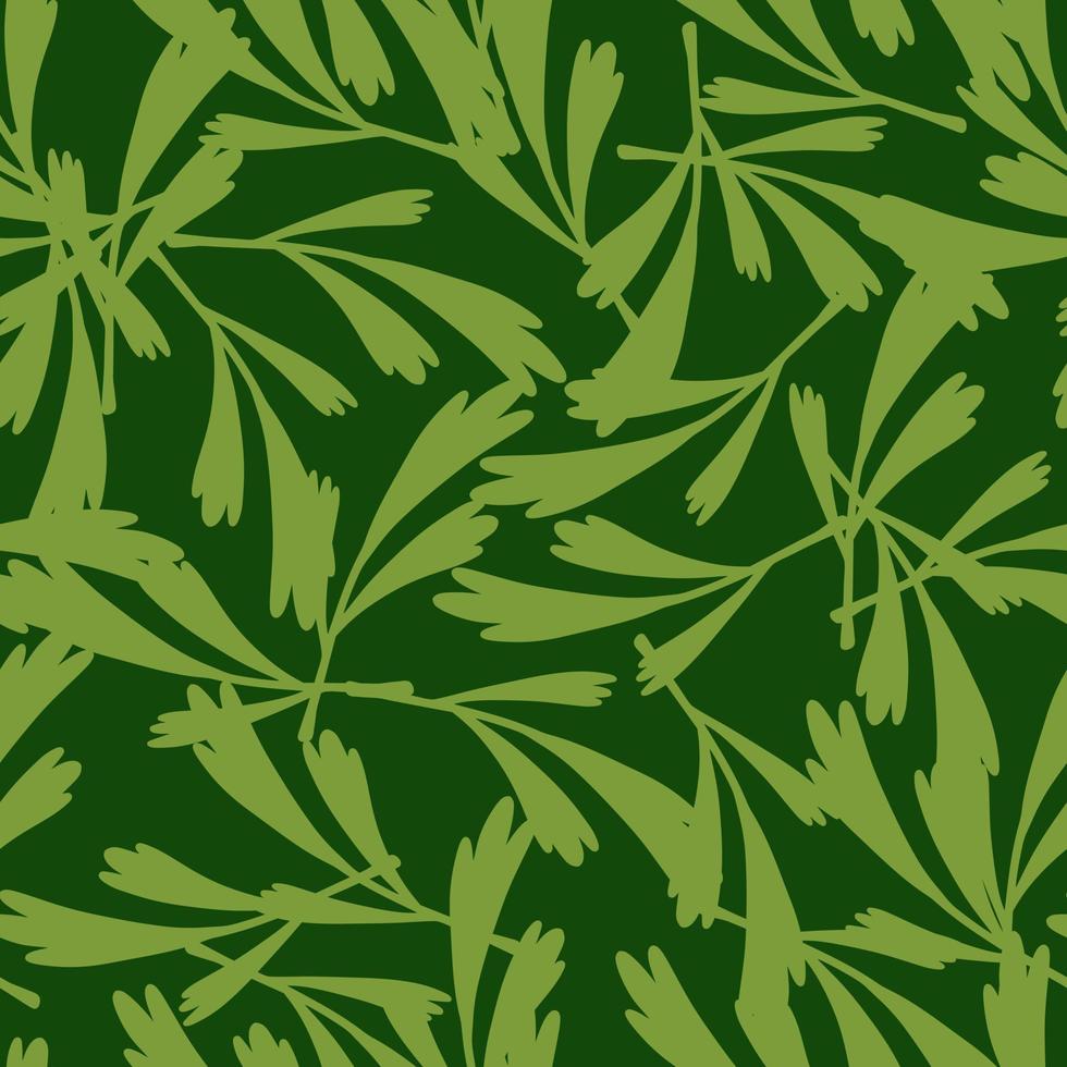 Herbal random seamless nature pattern with doodle leaves silhouettes. Green background. Simple style. vector