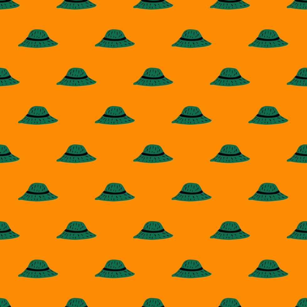 sombrero de verano de patrones sin fisuras con adorno de panamá verde garabato. fondo naranja brillante. vector