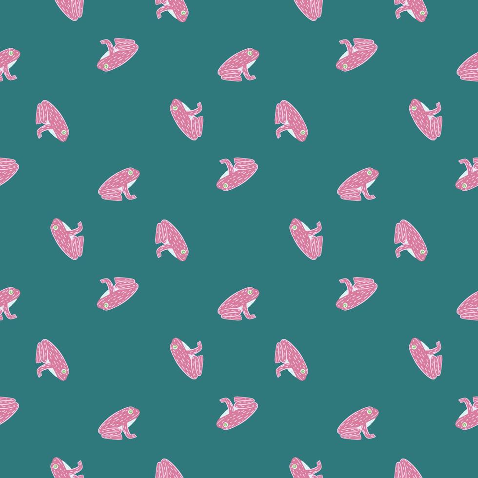 Creative seamless marine animal pattern with abstract pink frogs shapes. Turquoise background. vector