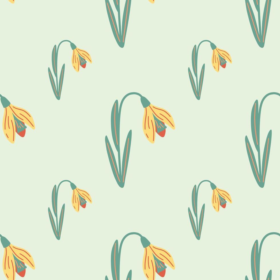 Yellow galanthus flower seamless doodle pattern in hand drawn style. Light pastel background. Simple style. vector