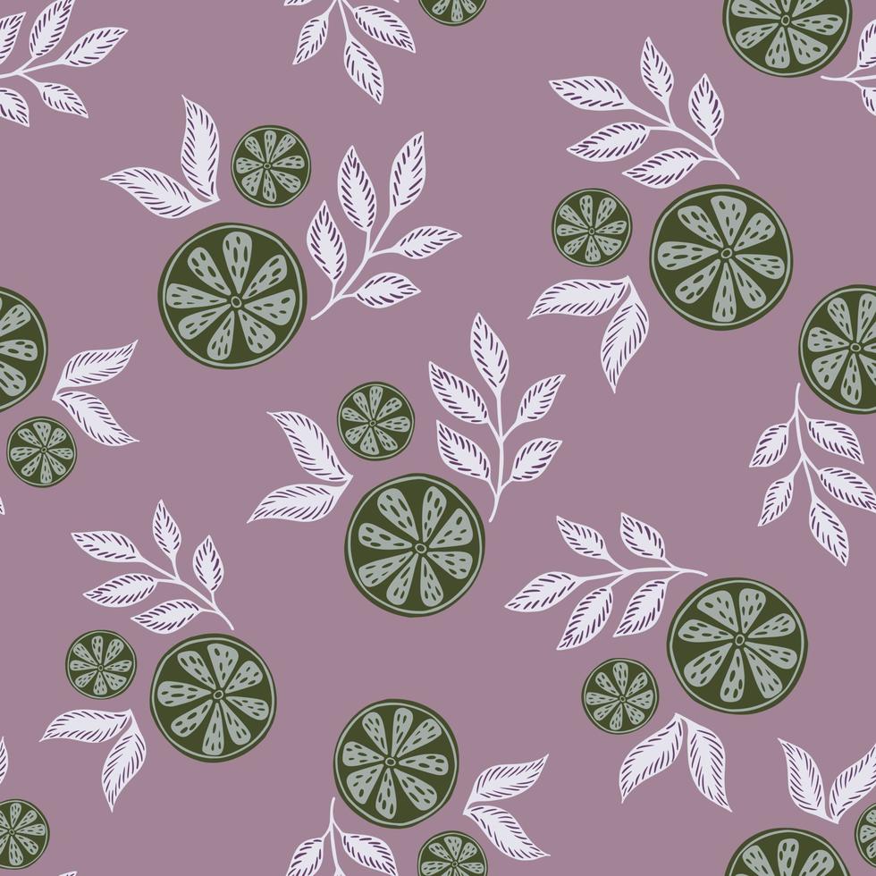 Random seamless summer pattern with green abstract lime slices print with leaves. Purple pastel background. vector