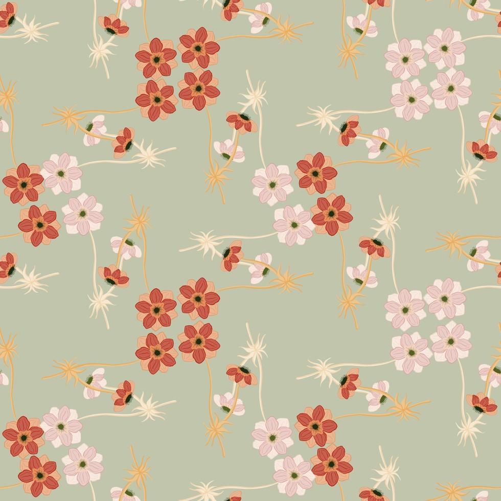 Cute summer style seamless pattern with red and pink little anemone flowers print. Light green background. vector