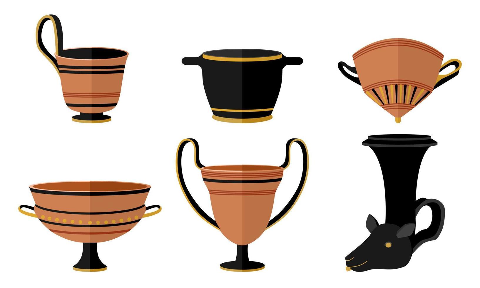 Set ancient Greece drinking cup rhyton, kantharos, skyphos, mastos, kyathos, cylix. Kit antiquity wine cup with patterns on white background in style flat vector