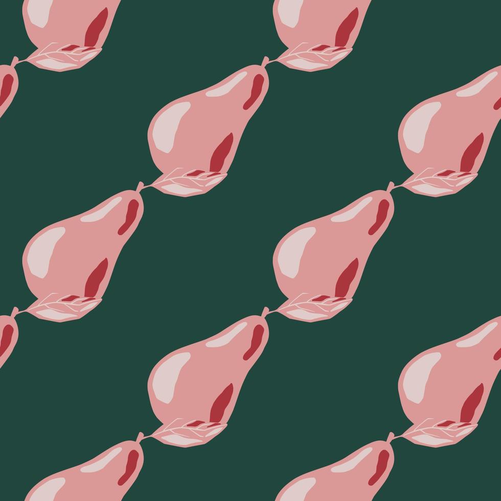 Cartoon seamless pattern with pink doodle pear ornament. Dark turquoise background. vector