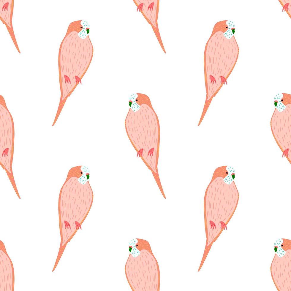 Isolated seamless zoo pattern with tropic simple pink parrot ornament. White background. Childish design. vector