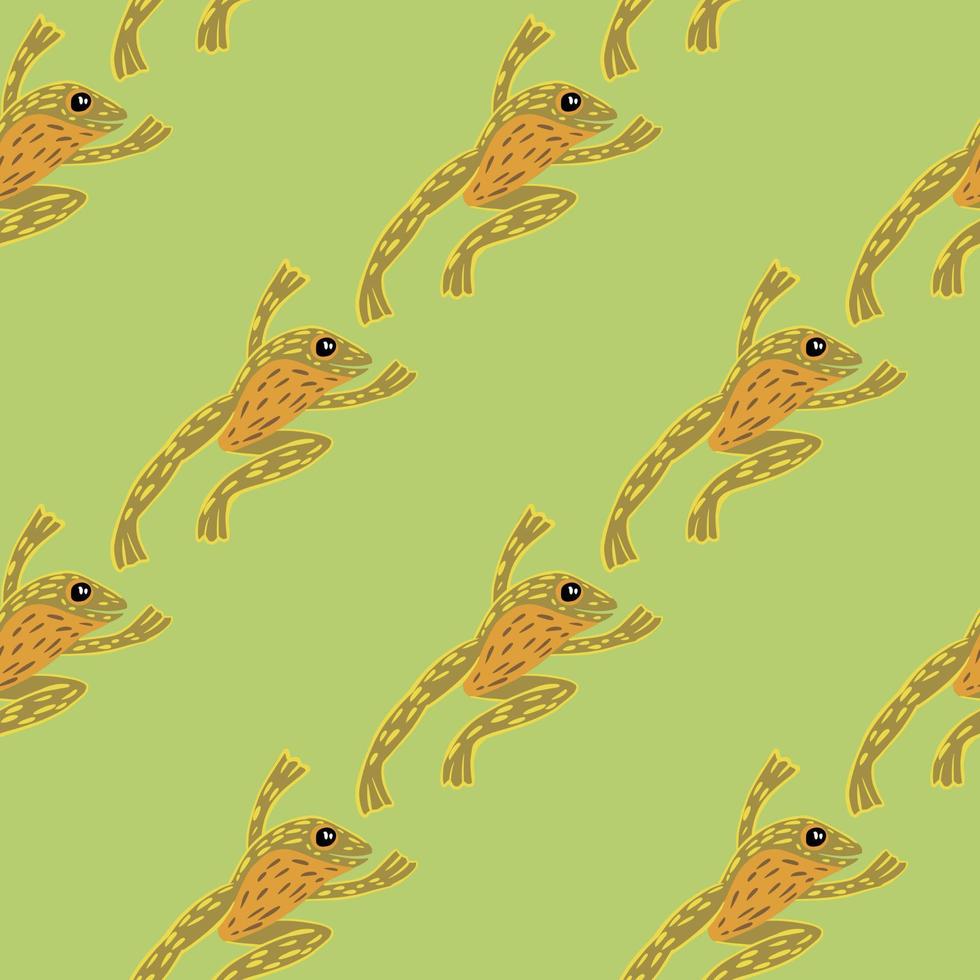 Decorative seamless pattern with pale palette orange froggy ornament. Green background. Simple style. vector