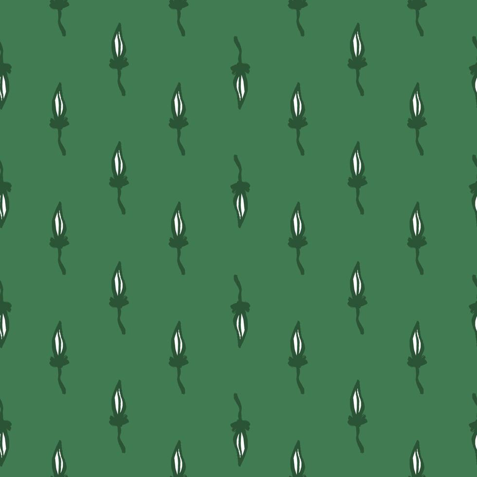 Little leaves silhouettes seamless pattern in abstract style. Green background. Hand drawn style backdrop. vector