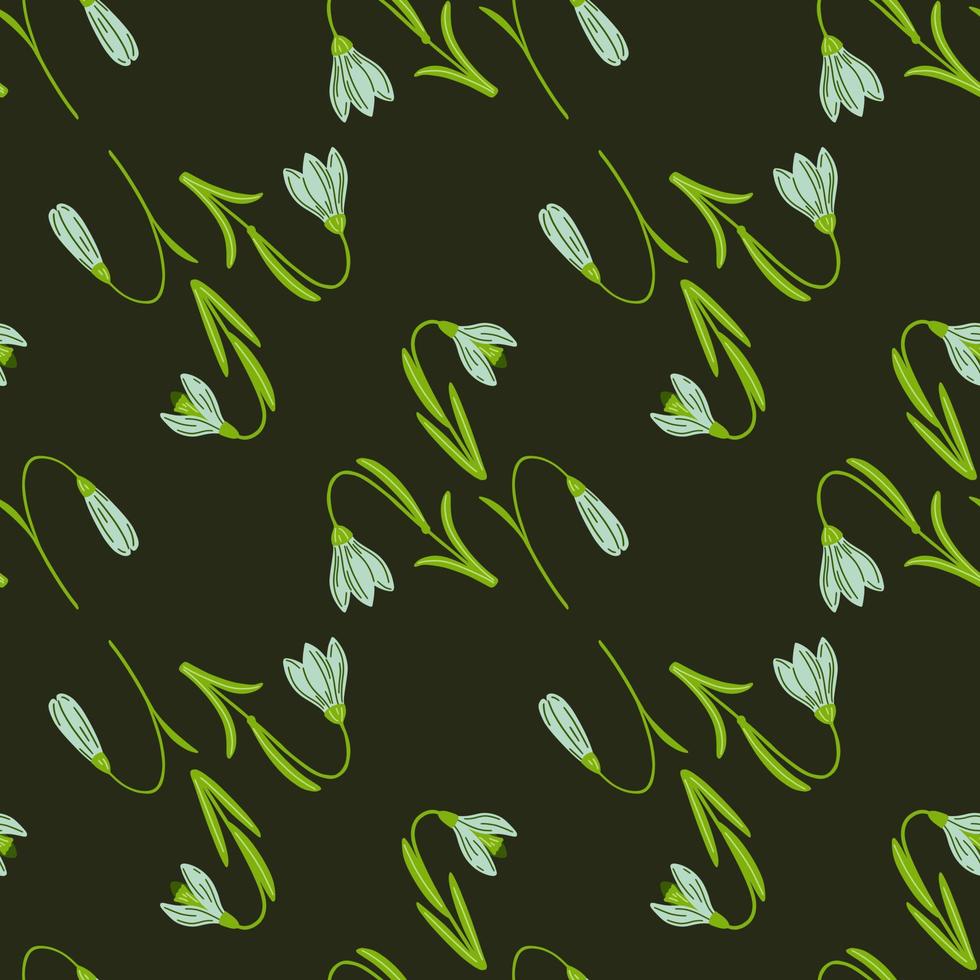 Green and blue colored bluebell seamless pattern in hand drawn style. Dark brown background. Floral backdrop. vector