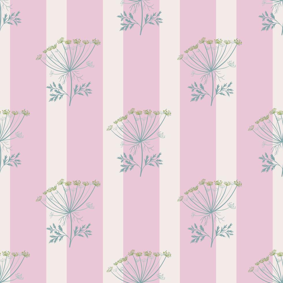 Blue yarrow outline silhouettes seamless doodle pattern. Pink pastel striped background. Summer print. vector