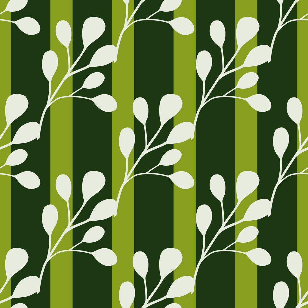 White doodle eucalyptus leaves seamless pattern in simple botanic style. Green striped background. vector