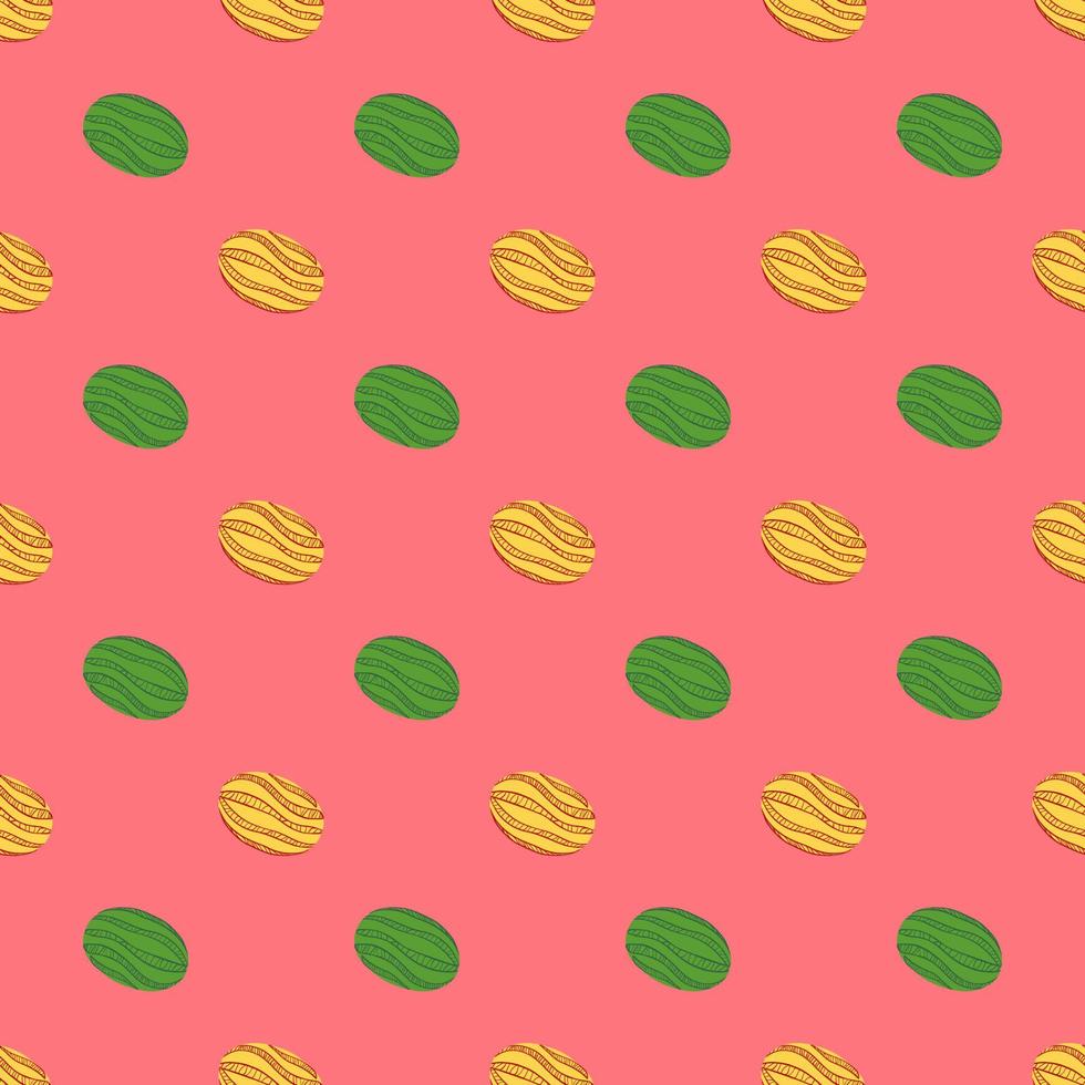 Abstract summer seamless pattern with green and yellow little watermelon berries print. Pink background. vector