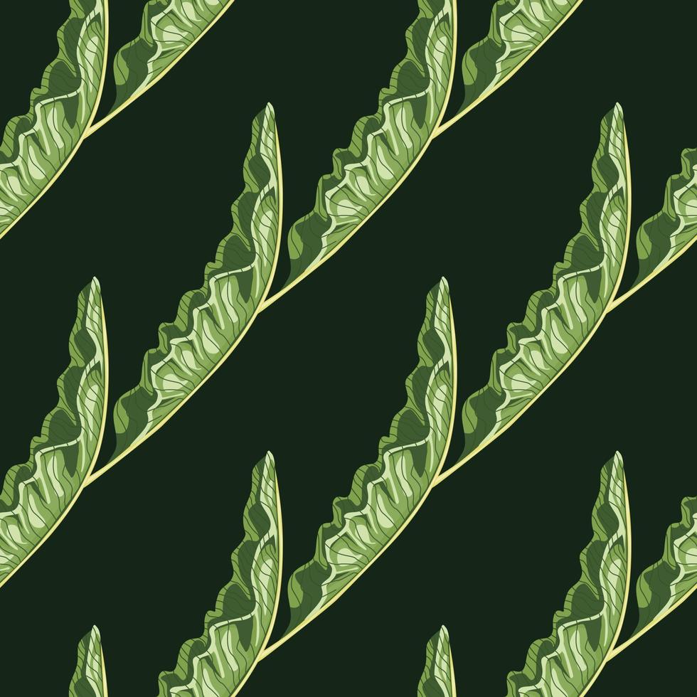 Green diagonal seamless pattern with banana leaves print. Black background. Doodle abstract backdrop. vector