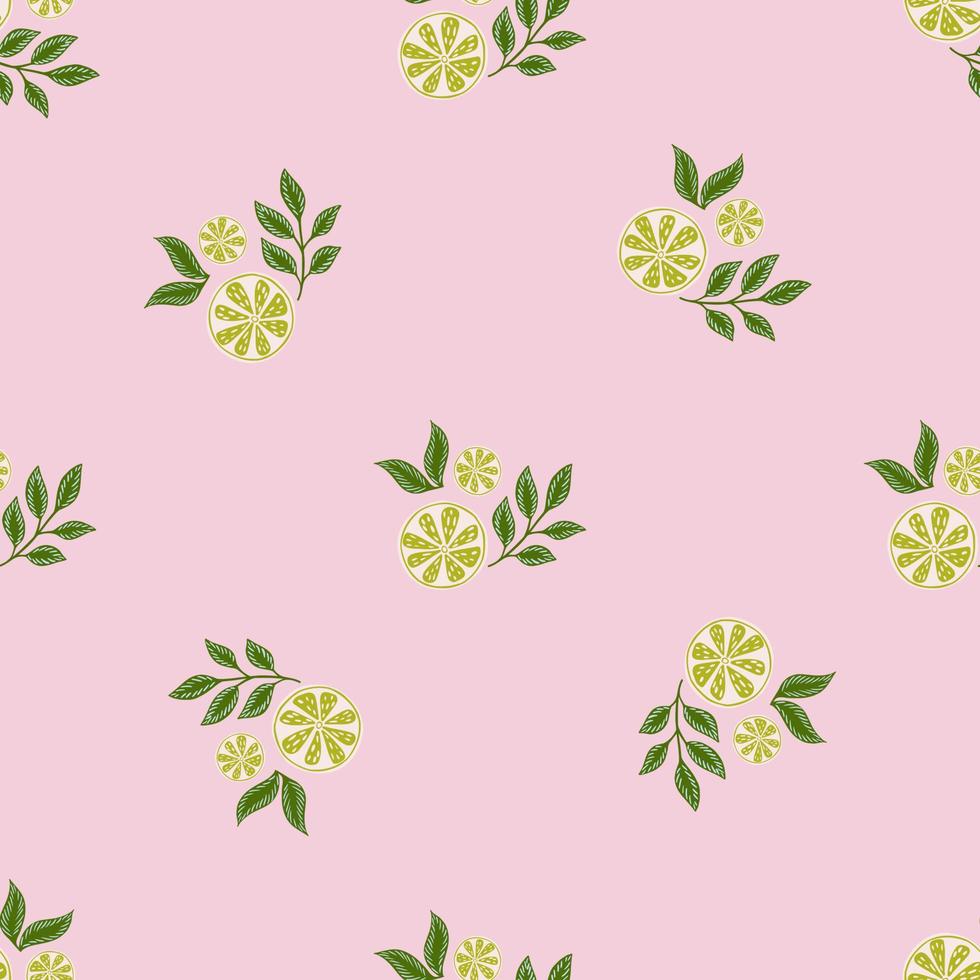 Minimalistic seamless pattern with doodle green lime slices and leaves elements. Pastel light pink background. vector