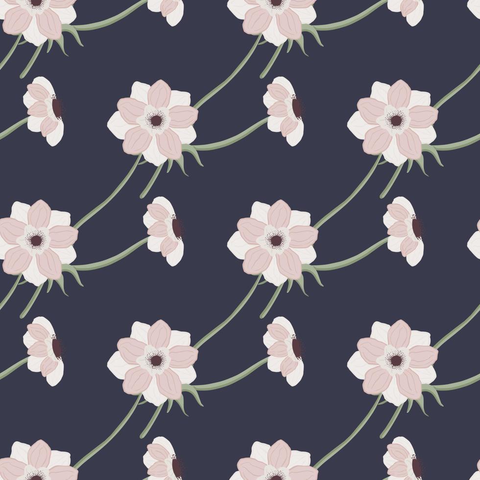 Pink colored anemone flowers seamless doodle pattern. Dark navy blue ...