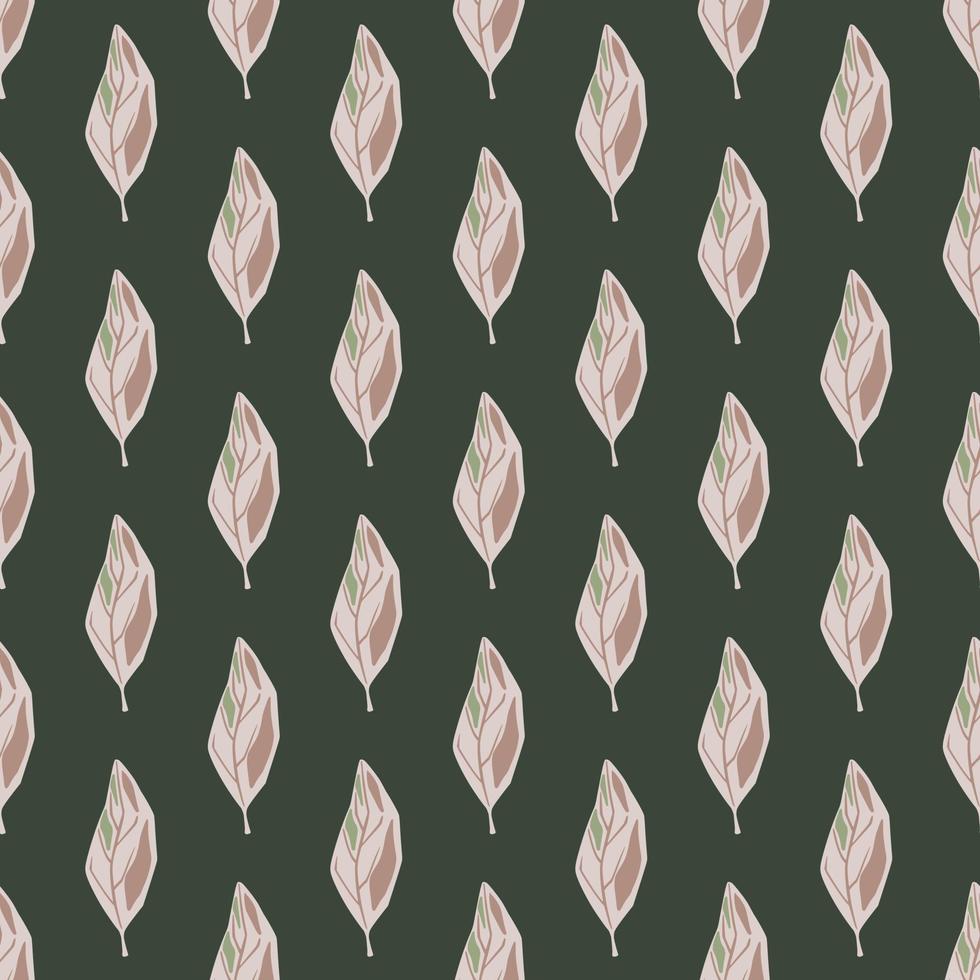 Simple leaf ornament seamless pattern. Botanic print in pastel tones on dark background. vector