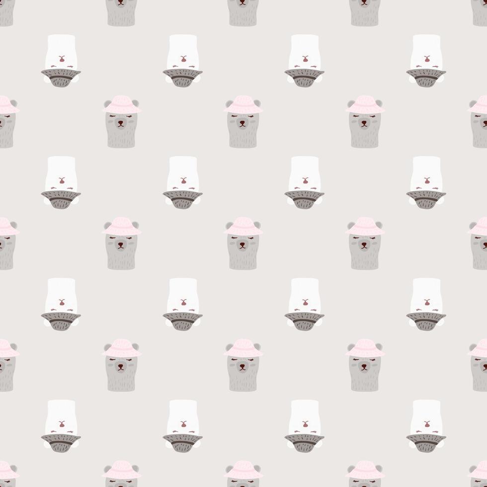 Baby seamless doodle pattern in pale palette with doodle bear ornament. Grey palette artwork. vector