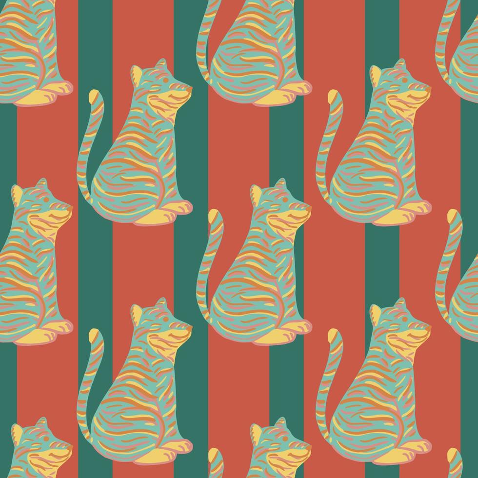 Cartoon doodle tiger seamless pattern with blue colored ornament. Red and grey striped background. vector