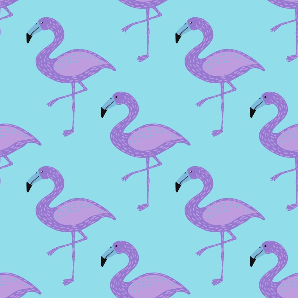 Bright kids style seamless pattern with cartoon purple flamingo silhouettes. Blue background. vector